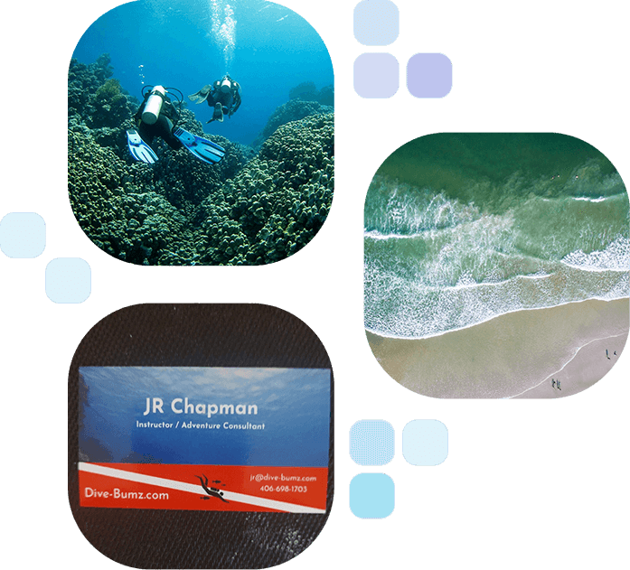 A collage of photos with the ocean and scuba divers.