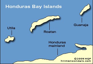 A map of the island of honduras with all its major locations.